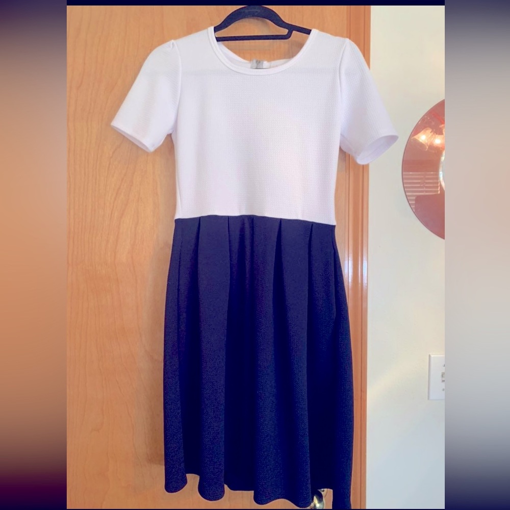 Lularoe Women’s Amelia white and navy A line Dress - Size Small